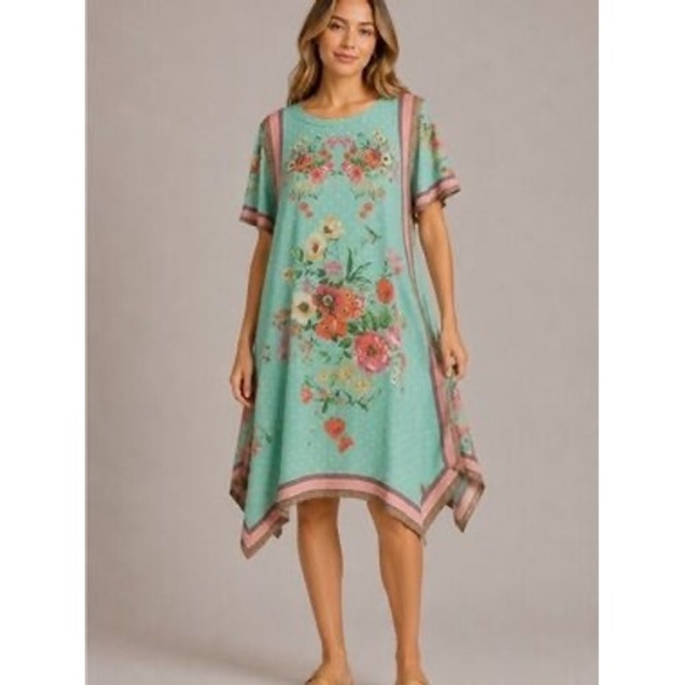Umgee Aqua Floral Polka Dot Handkerchief Hem Boho Shift Dress Large
